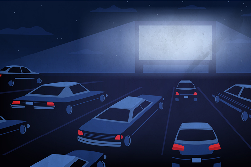 Open air, outdoor or drive-in cinema theater at night. Large movie screen glowing in darkness surrounded by cars against evening sky with stars and clouds on background. Cartoon vector illustration