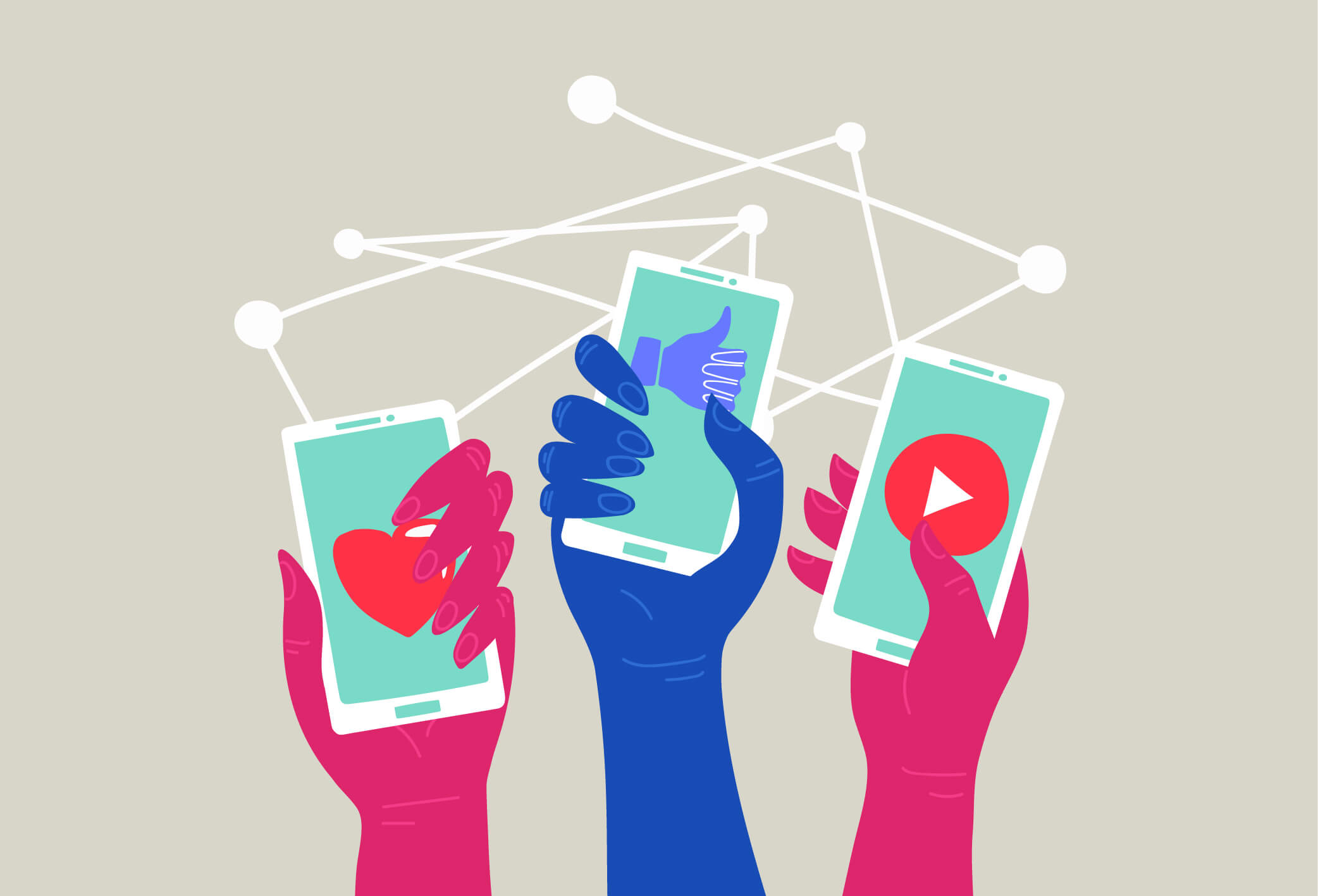 Social Network - Friends Interacting on Social Media People using different social platforms. Hands holding smartphones with social network apps icons. Online communication and connection.