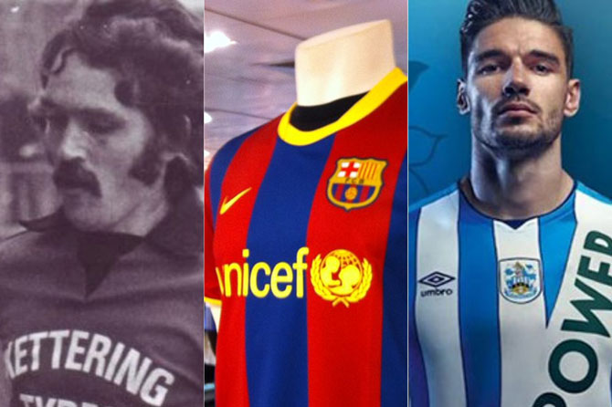 Kettering, Barcelona and Huddersfield sponsored shirts