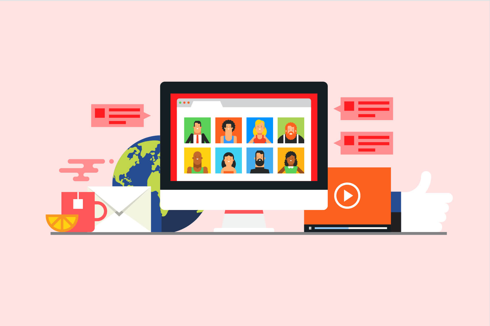 Flat vector illustration depicting many aspects of social media and the internet