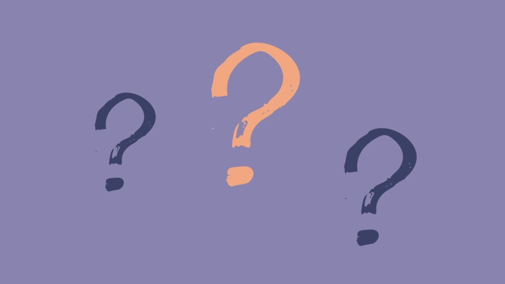 purple question marks scattering across background