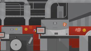 A man in a grey tshirt popping up with a white graphic saying here to help.