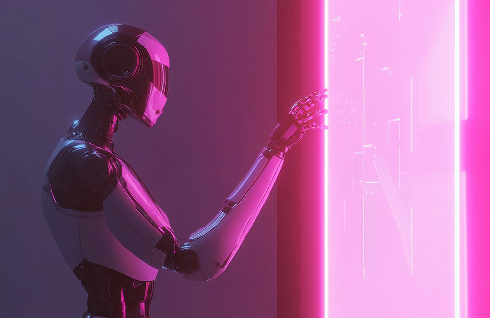 A robot looking into a pink screen.