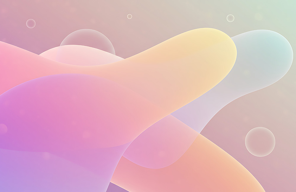 Abstract pink, orange and blue translucent shapes across an ombre background.