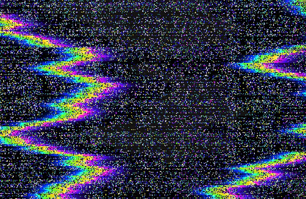 Pixelated graphic with rainbows lines.