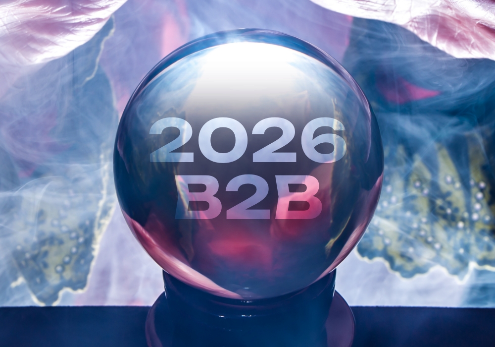 Person with a space helmet that reflects 2026 B2B with mountains behind. Main colours are blue, purple and red.