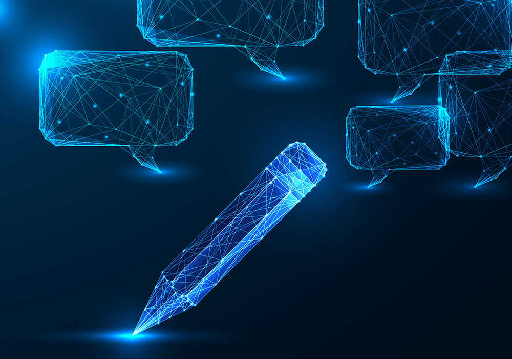 Illuminated blue pencil and speech bubbles floating in the air.
