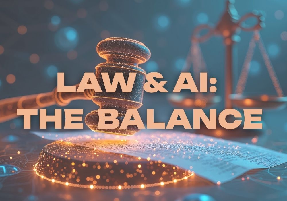 Legal mallet with futuristic lighting with Law and AI the balance title