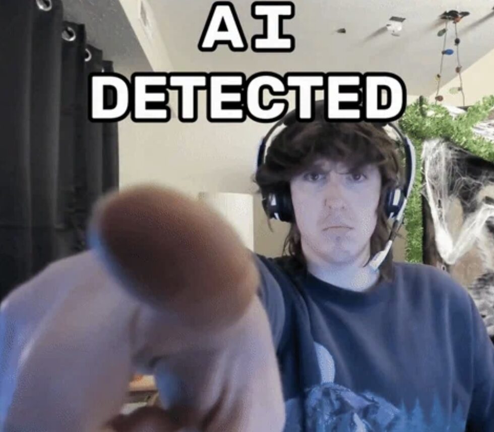 Man with headphones pointing at the screen with headphones with text that says AI detected.