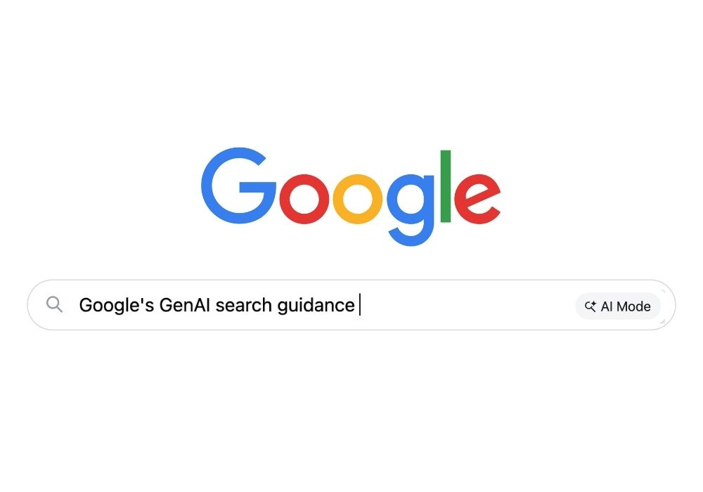 Google homepage search bar with Google's GenAI search guidance typed in